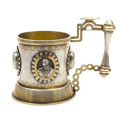 Russian-style silver cup holder with city image 