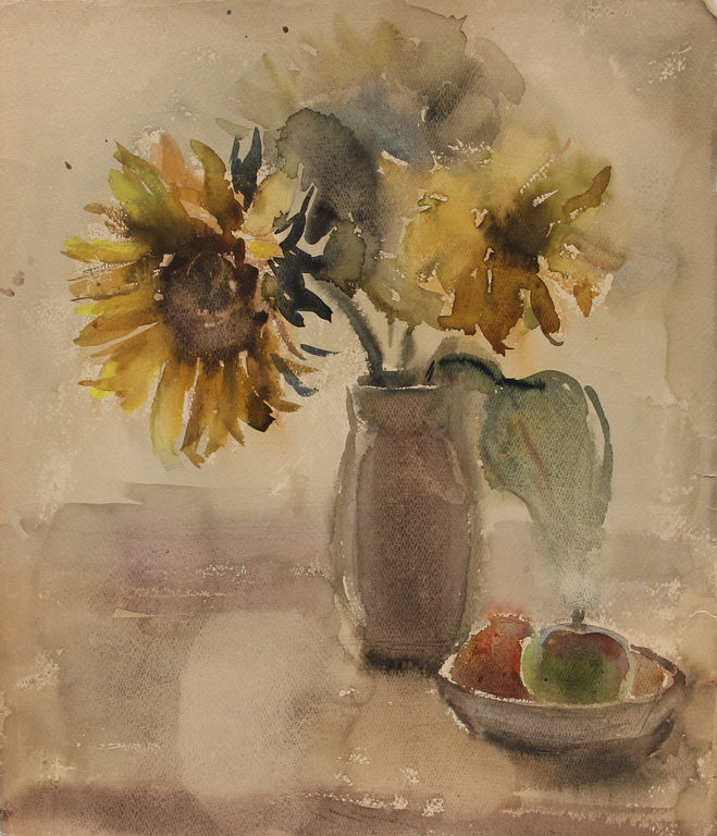 Still life with sunflowers and fruits