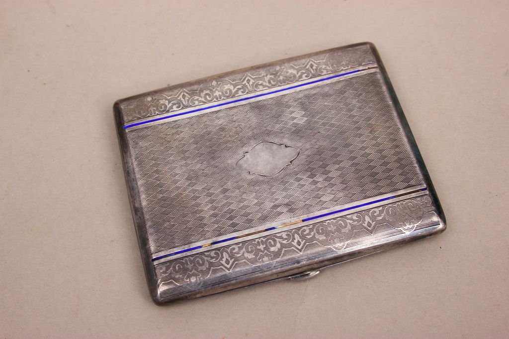 Silver cigarette case with gold and enamel