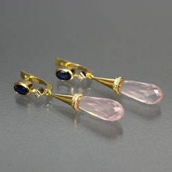 Gold earrings with brilliants, pink quartz and sapphires
