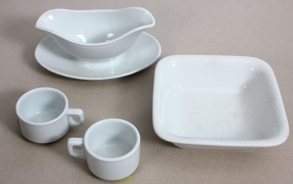 Porcelain dinnerware set with swastika - 2 cups, bowl and sauce bowl