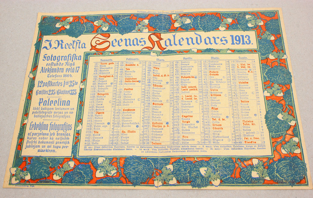 Advertising calendar of photographer Janis Rieksts 1913