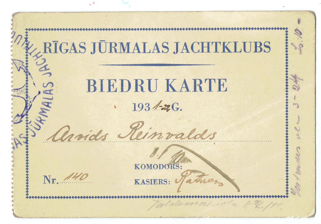 Rīgas Jūrmalas jahtkluba  biedru karte 1931