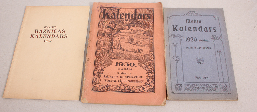 Календари (3 шт.)- Māju kalendārs, Kalendārs 1930.gadam, Ev.Lut. Baznīcas kalendārs 1957