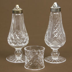 Crystal salt and pepper jars and napkin holder with silver caps (3 pieces)