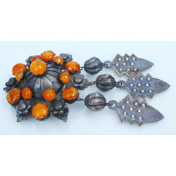 Silver brooch with amber (large, with pendants)