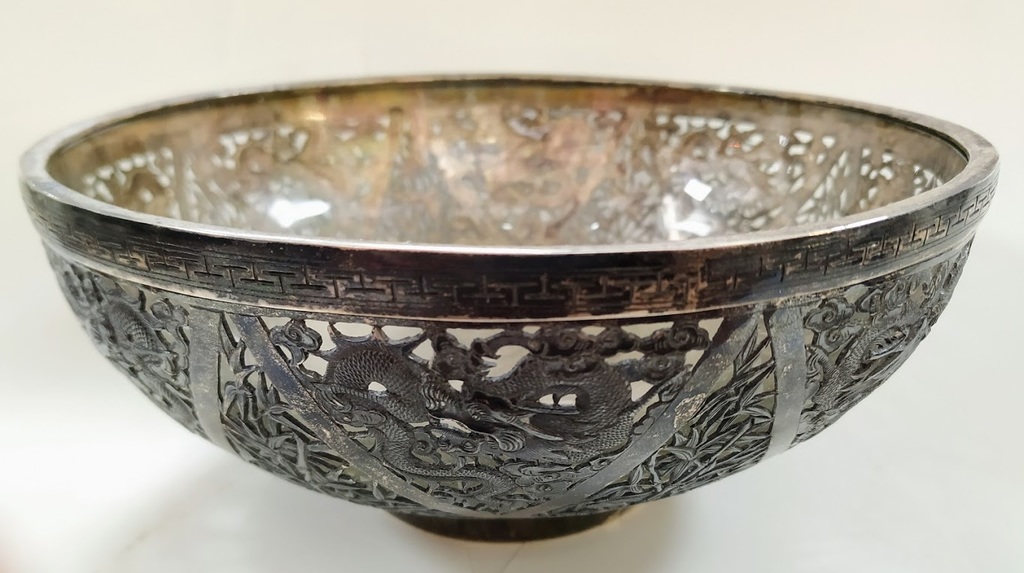 Chinese silver fruit bowl with glass