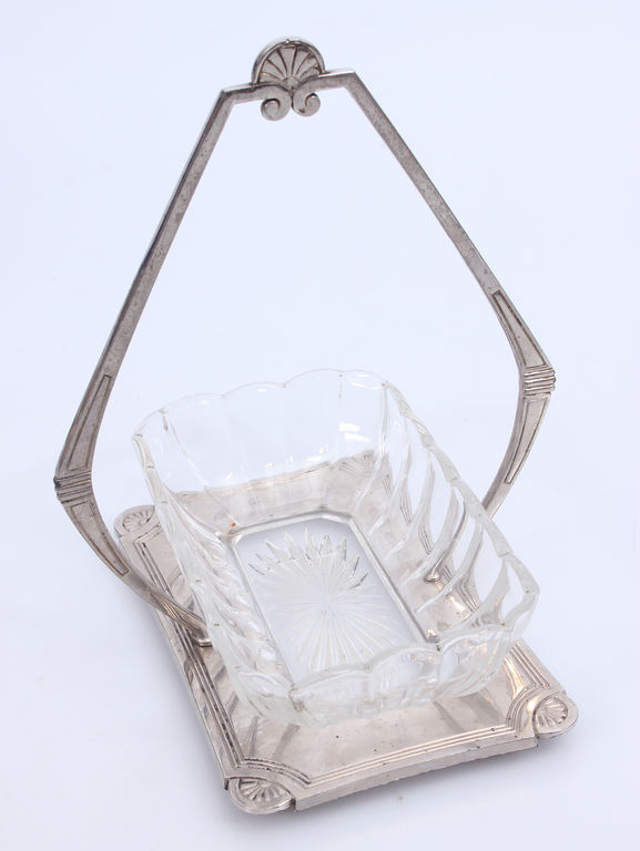 Art nouveau crystal dish in a metal frame