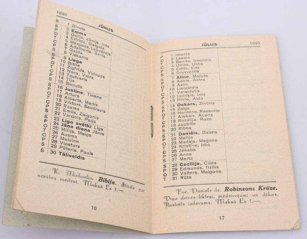 Календарь учеников 1939/40 учебный год