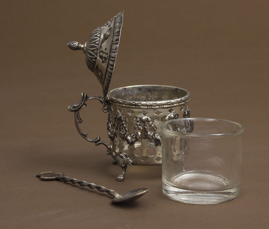 Silver spice dish with glass, spoon