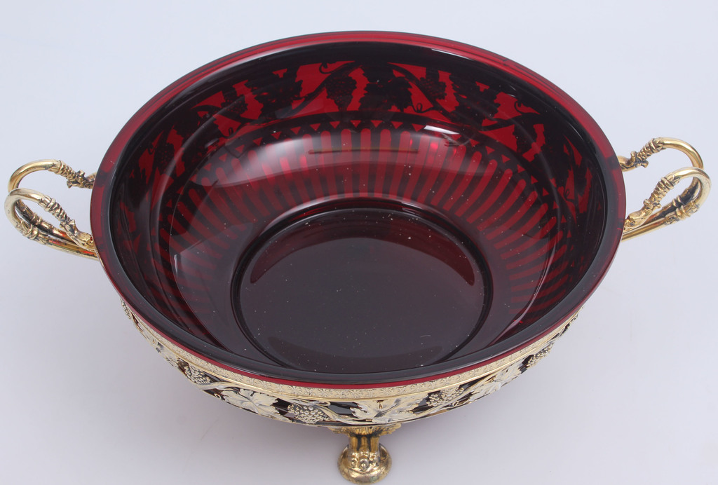 Silver fruit bowl with  ruby glass 