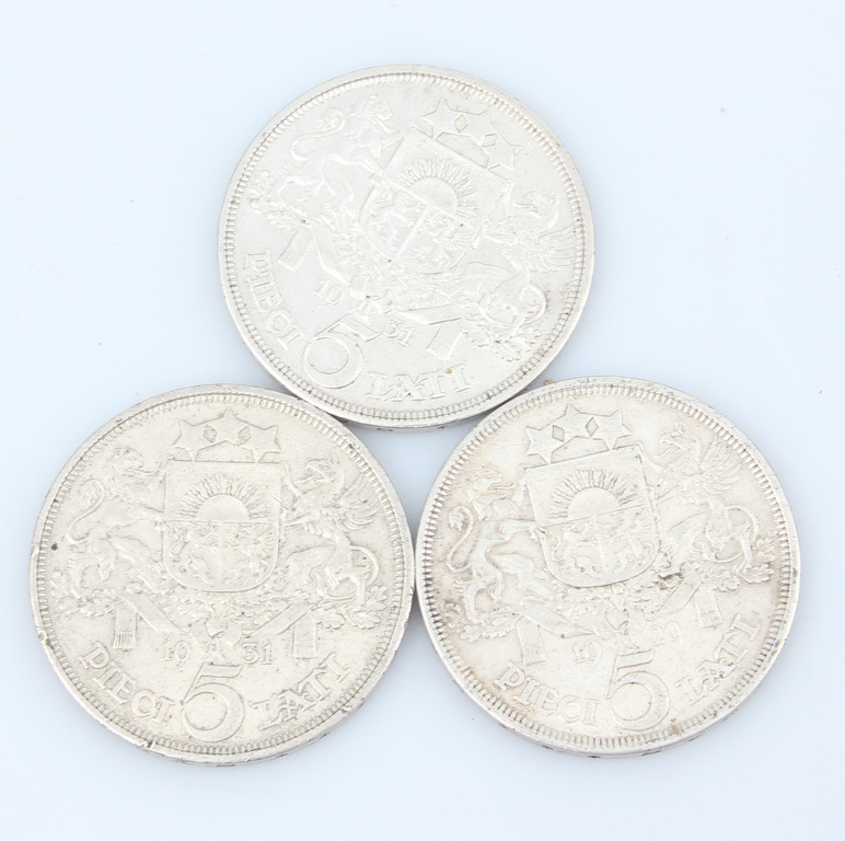 Silver coins with the value of 5 Lats (3 pieces)