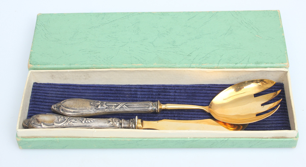 Вилка и нож с серебряной ручкой в зеленой коробке