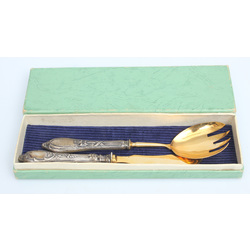 Fork and knife with silver handle in green box
