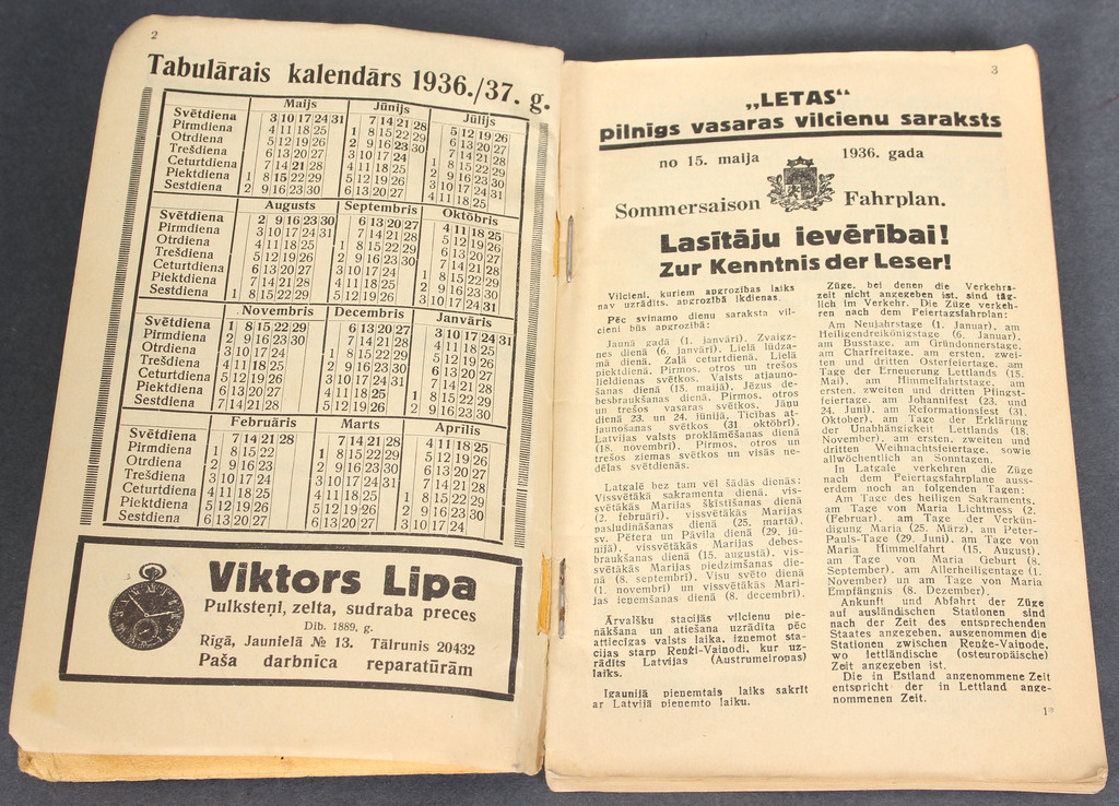  1936.g. vasaras vilcienu, autobusu, tramvaju un kuģu līniju saraksts no 15.V. līdz 15.X. 1936.g.