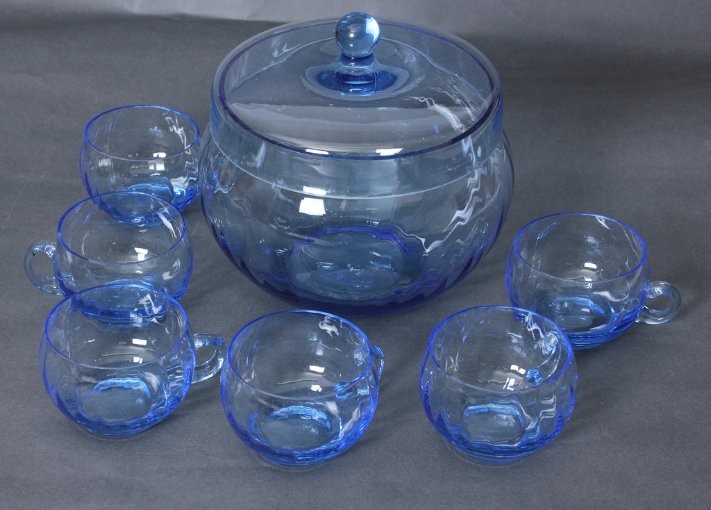 Set of blue glass compote dishes - bowl with lid and 6 cups