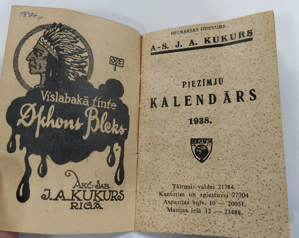 A-S. J.A.Kukurs Notebook Calendar 1938
