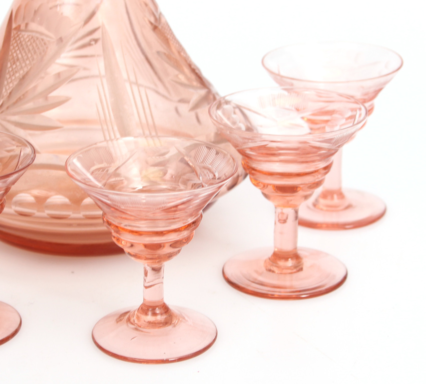 Glass decanter and six glasses for liqueur