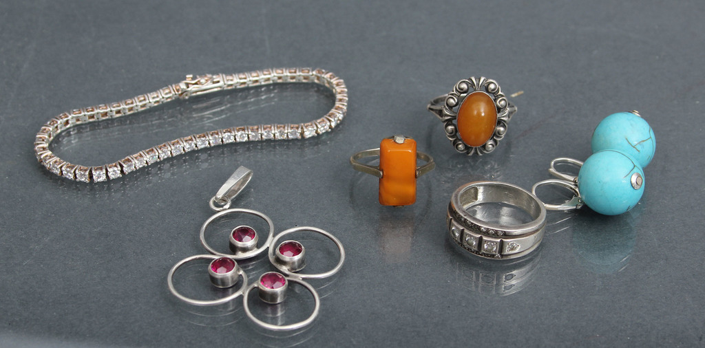 Silver jewelry set - earrings, bracelet, 2 rings with amber, pendant, ring