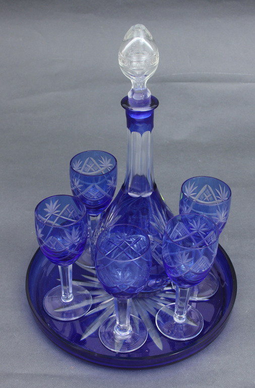 Zilā stikla komplekts - karafe, paplāte un 5 glāzes
