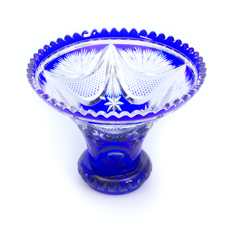Crystal fruit bowl with blue etching