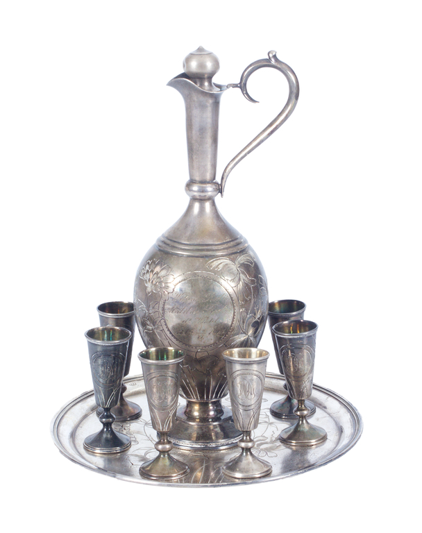 Silver set - decanter, 6 glasses, tray