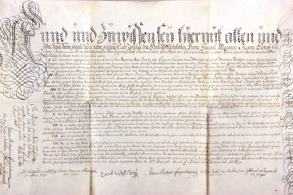 Документ о смене владельца поместья в Лиепае Иоганна Кристофа фон Кампенхаузена