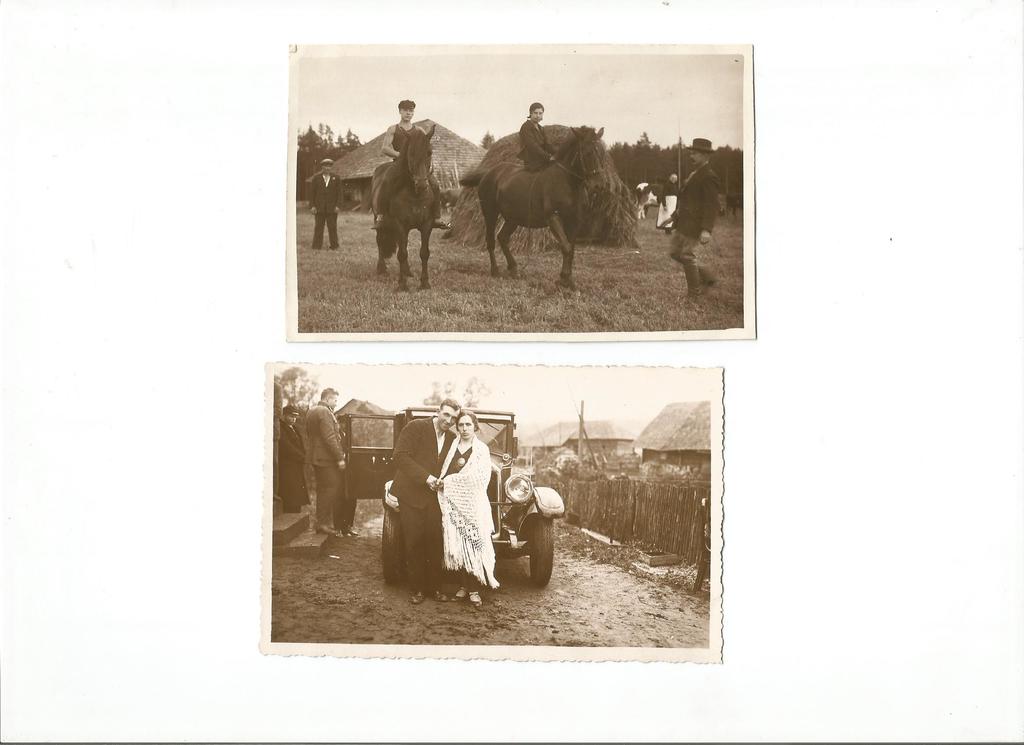 2 postcards - On horseback, By the car