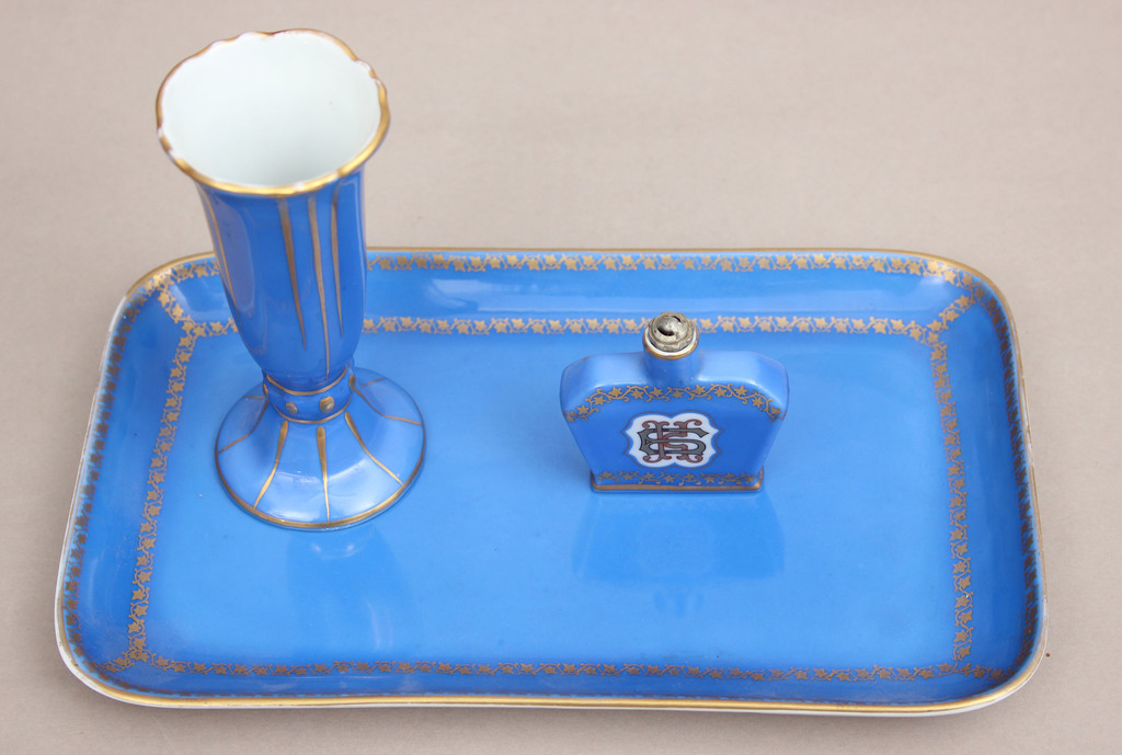Porcelain set, vase, tray and perfume bottle