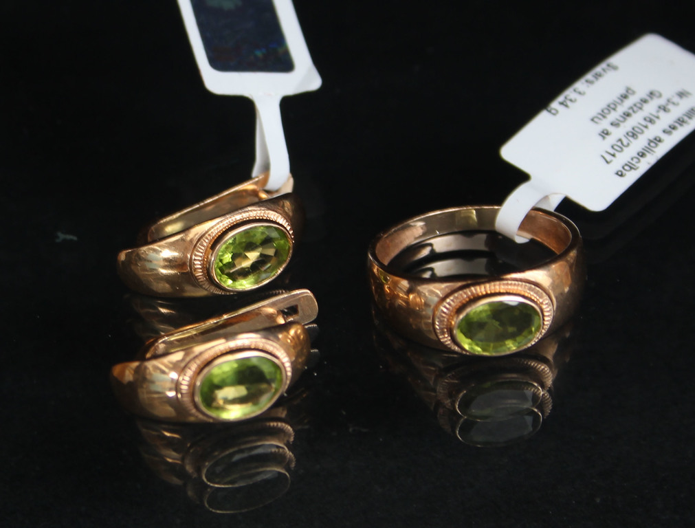 Комплект украшений - серьги и кольцо с перидотами
