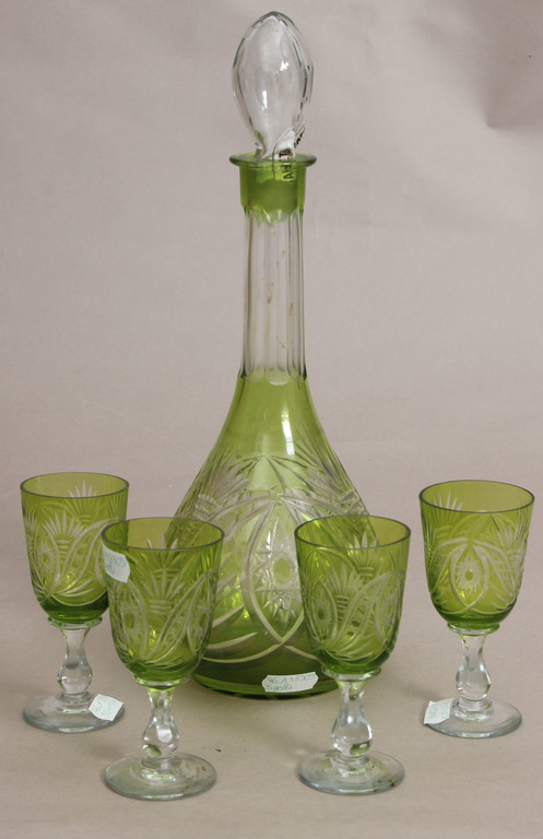 Green glass set - decanter, 4 glasses