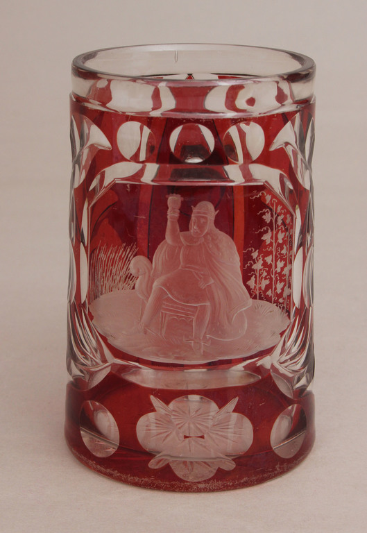 Red glass cup with engraving