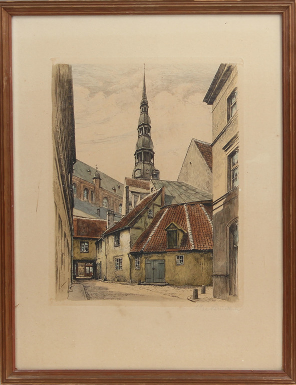 4 engravings with views of Riga - Town Hall Square, Panorama of Riga, View of St. Peter's Church, Powder Tower