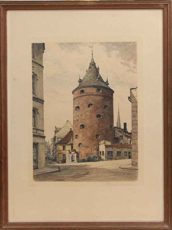 4 engravings with views of Riga - Town Hall Square, Panorama of Riga, View of St. Peter's Church, Powder Tower