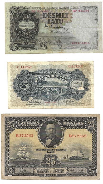 Банкноты - 5, 10, 25 латов