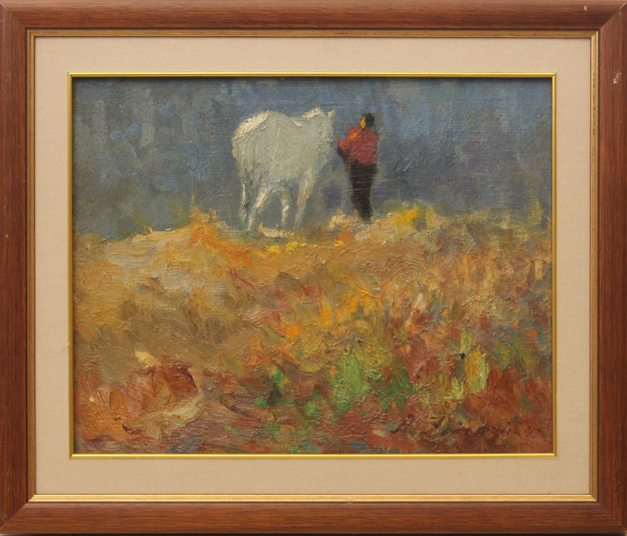 Пейзаж с белой лошадью и девушкой