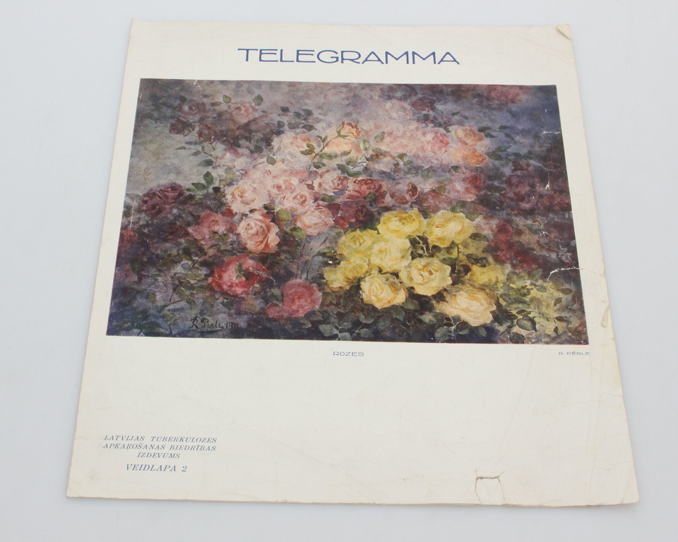 Telegram with R. Pērle painted cover “Roses,”