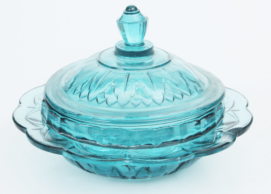 Blue glass utensil with lid