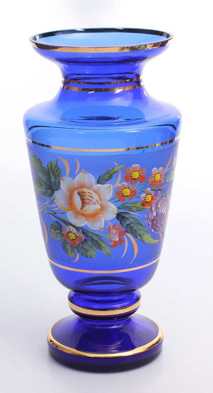 Hand painted blue glass vase