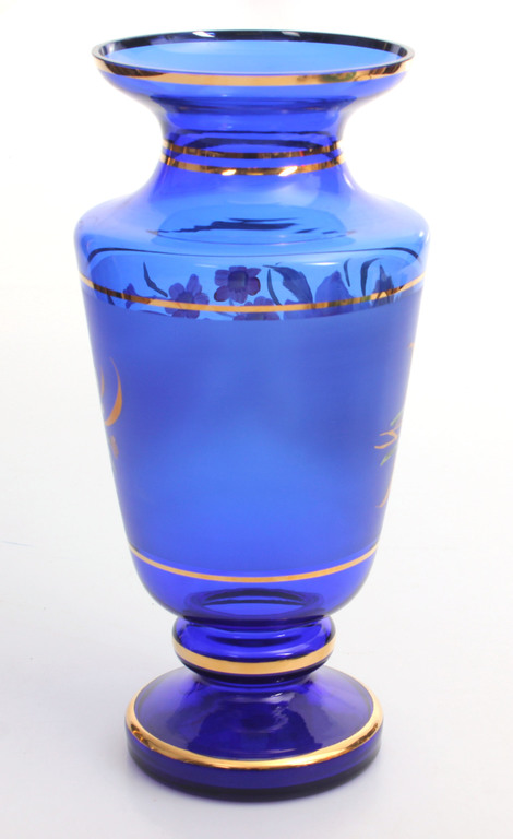 Hand painted blue glass vase