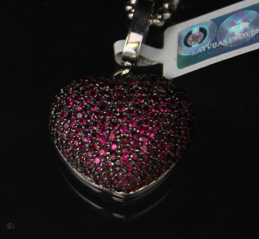 Heart shaped gold pendant with natural rubies and white gold chain