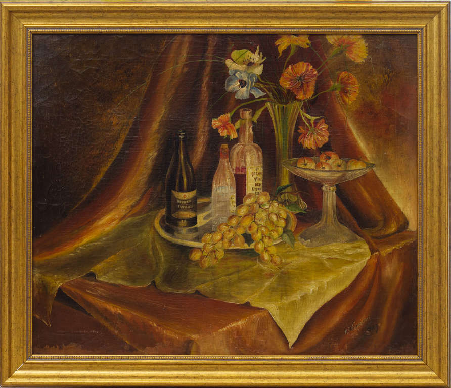 Still life with fruits and bottles