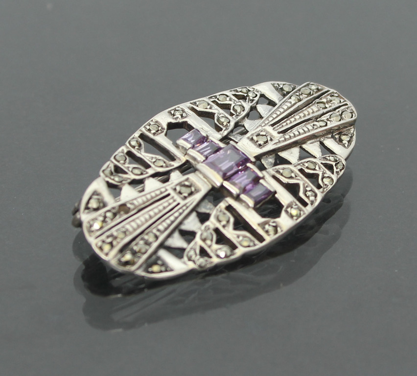 Art Nouveau Silver brooch with marcasite crystals and amethysts