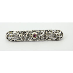 Art Nouveau silver brooch with marcesite crystals and ruby