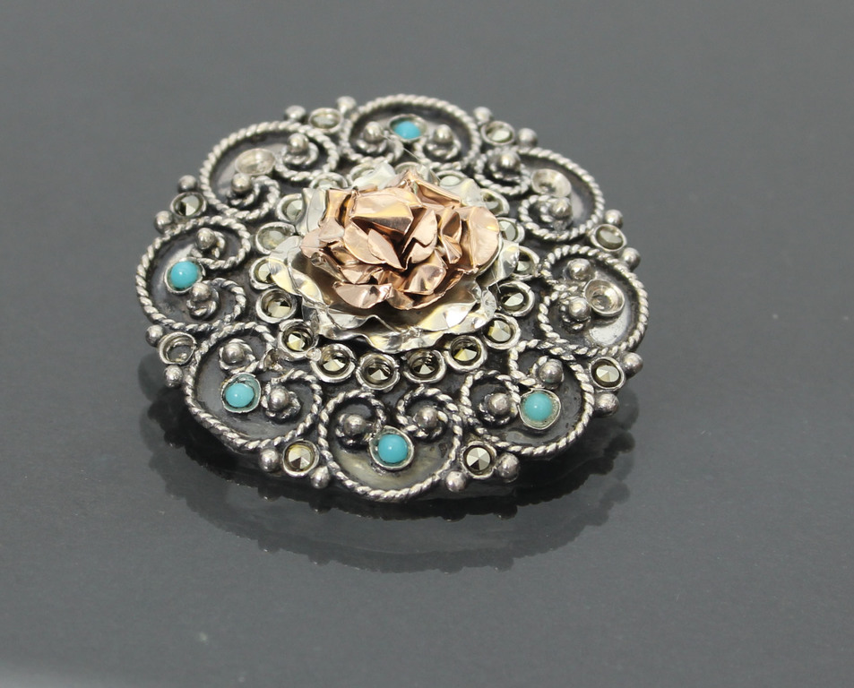 Art Nouveau silver brooch with marcasite crystals and turquoise