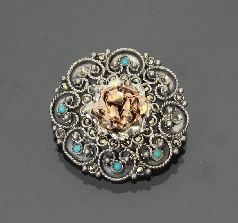 Art Nouveau silver brooch with marcasite crystals and turquoise