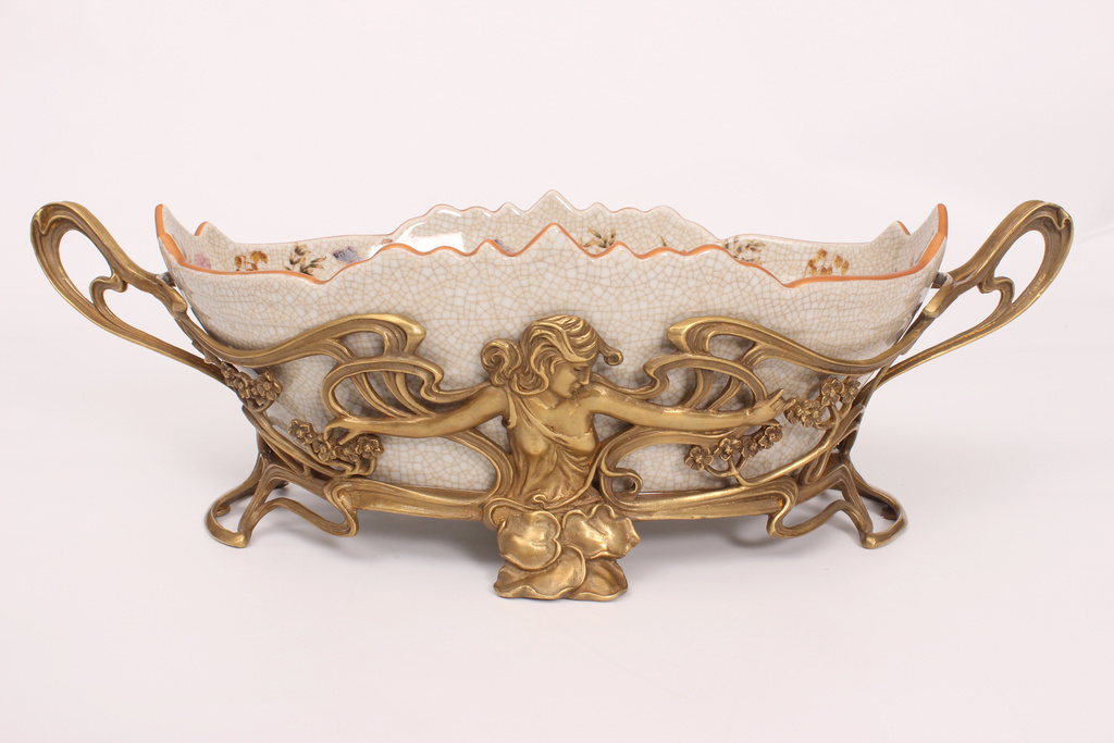 Art Nouveau style faience bowl with metal finish