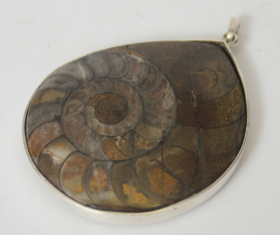 Sudraba kulons ar apmēram 400 miljonu gadu vecu Devona perioda gliemežu fosīliju jūras akmenī