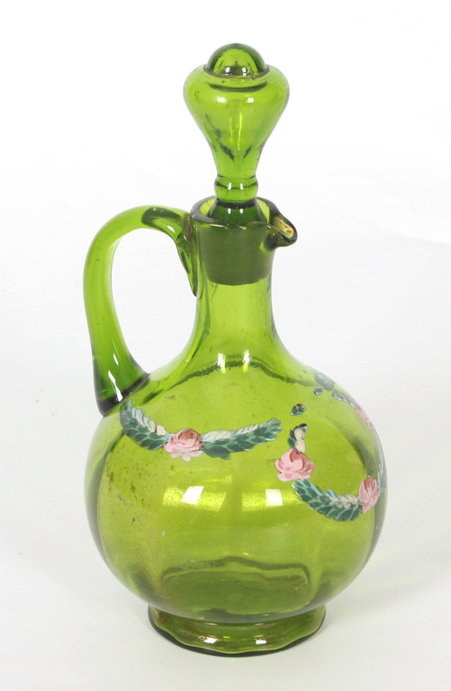 Zaļa stikla karafīte ar roku gleznojumu 