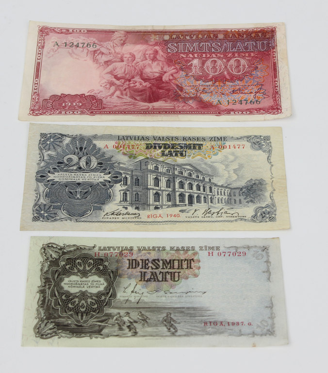 3 banknotes - 100 lati, 20 lati, 10 lati